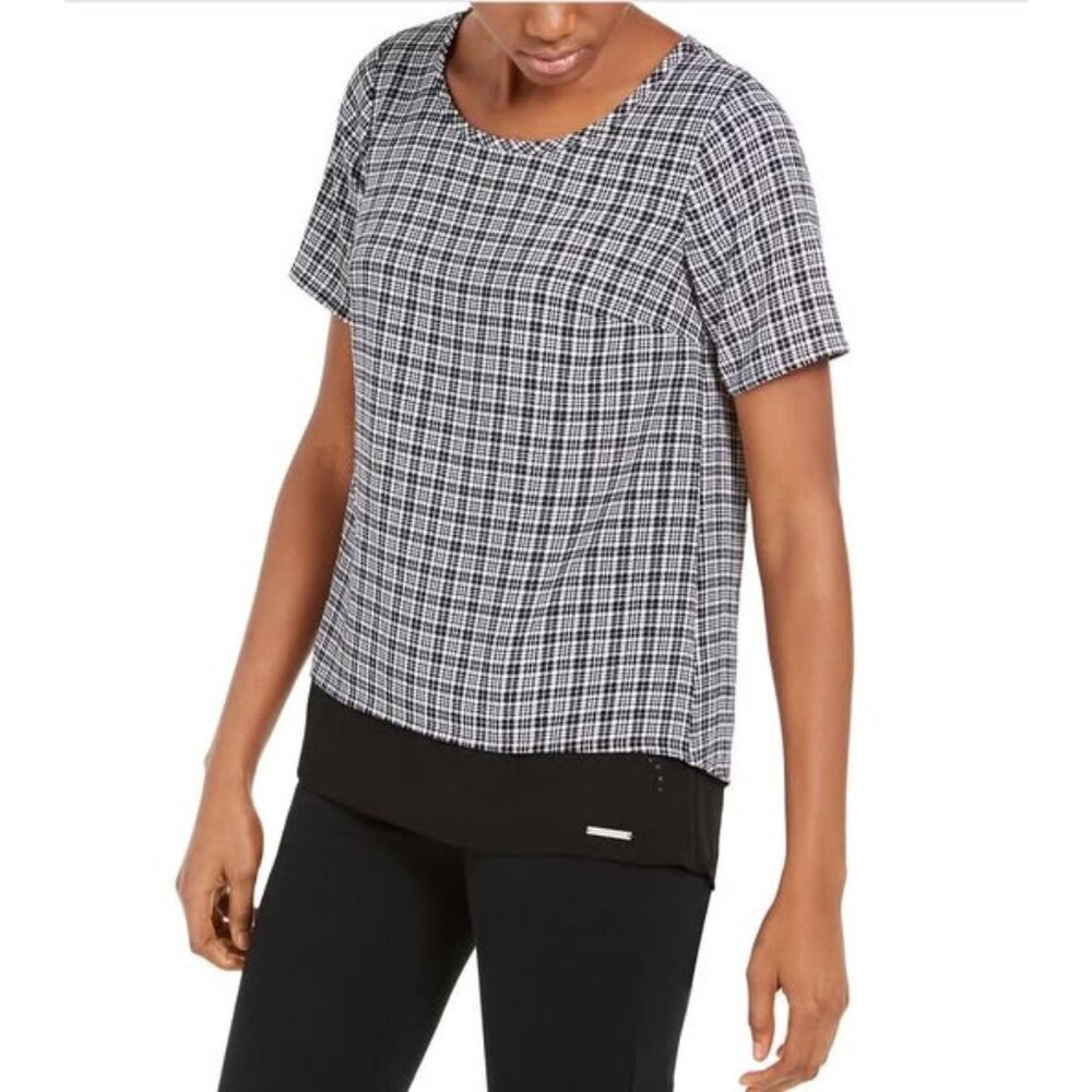 Michael Kors Womens Black & White Plaid Short Sleeve Top With Split Back Medium